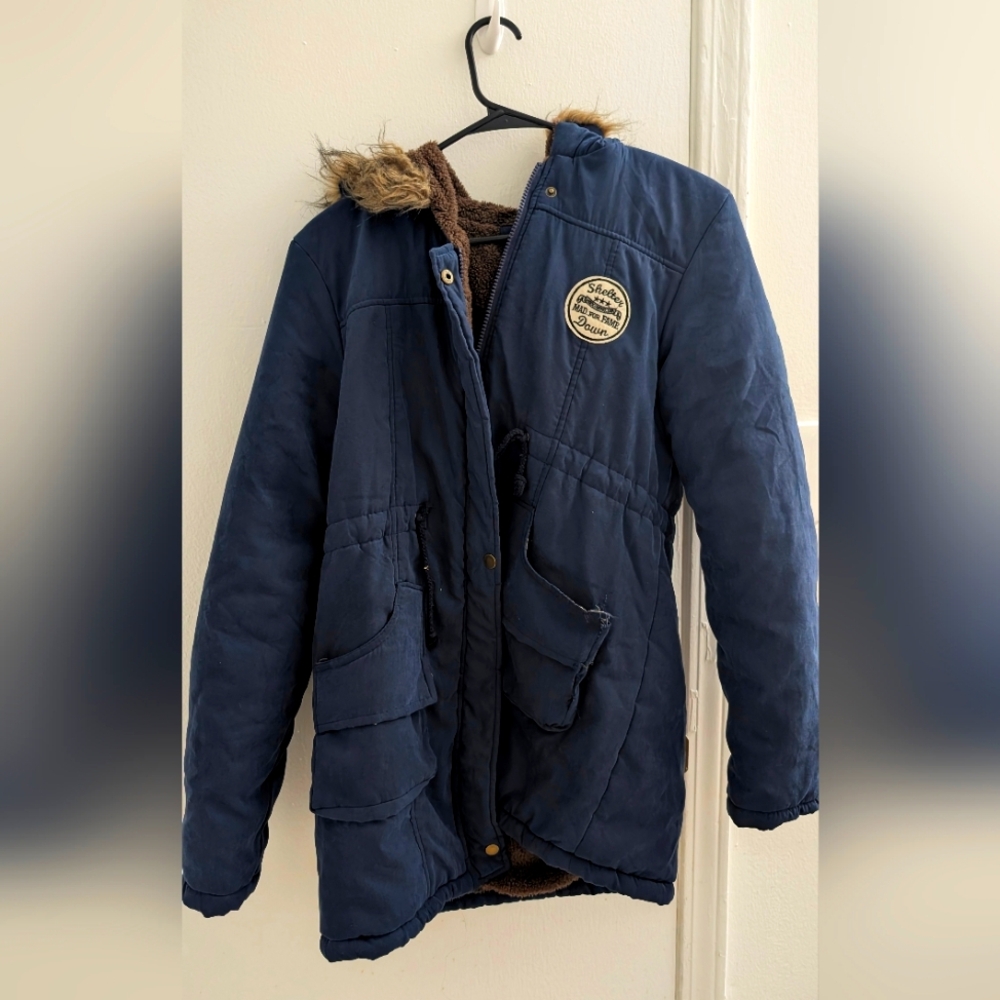 Women's Blue Winter Jacket with Fur Trim